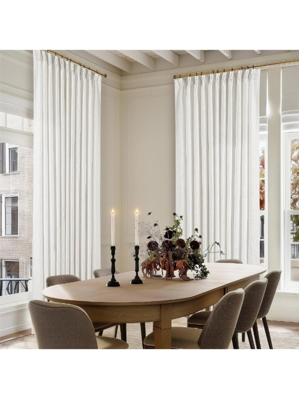 Beige White Semi-Sheer Linen Curtain Panel, Pinch Pleat, 70x108 Inches, Elegant